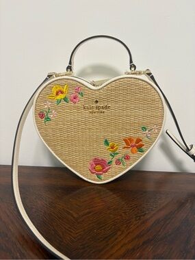 kate spade Natural Straw Heart Crossbody with Floral Embroidery